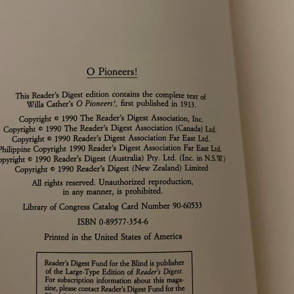 O Pioneers! Willa Cather Hardcover Book EUC 1990 Readers Digest Edition - Picture 6 of 9